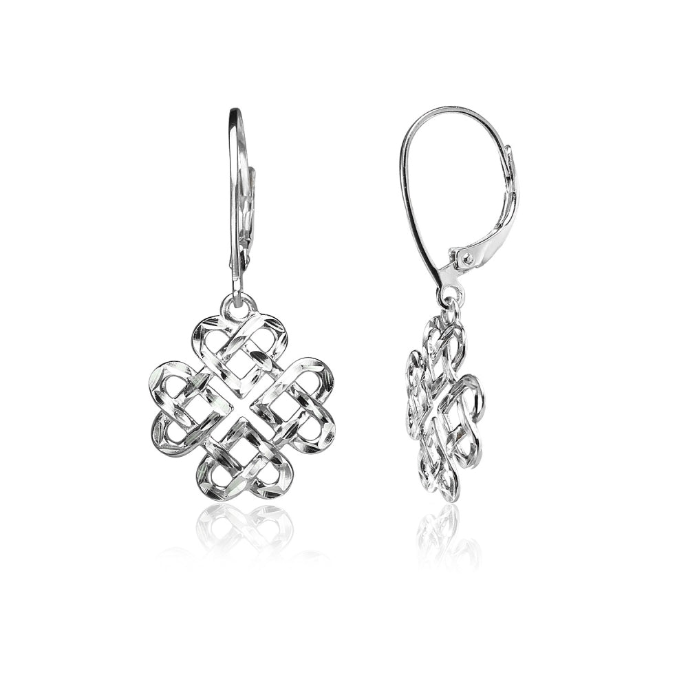 Sterling Silver Diamond-cut Celtic Heart Love Knot Leverback Earrings