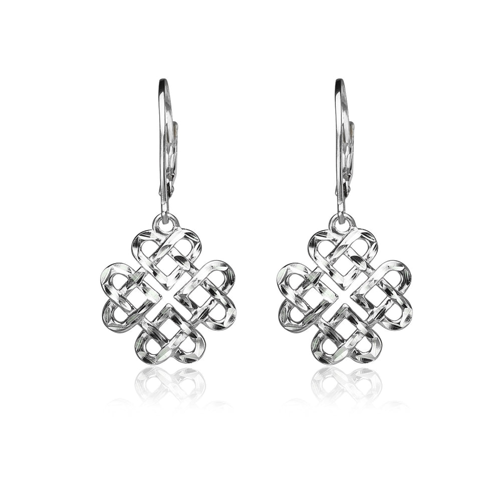 Sterling Silver Diamond-cut Celtic Heart Love Knot Leverback Earrings-2