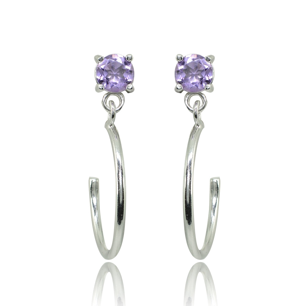 Sterling Silver 4mm Amethyst Dangling Half Hoop Stud Earrings