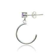 Sterling Silver 4mm Amethyst Dangling Half Hoop Stud Earrings