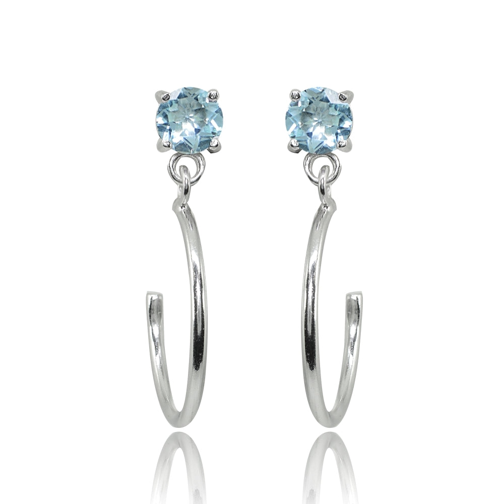 Sterling Silver 4mm Blue Topaz Dangling Half Hoop Stud Earrings