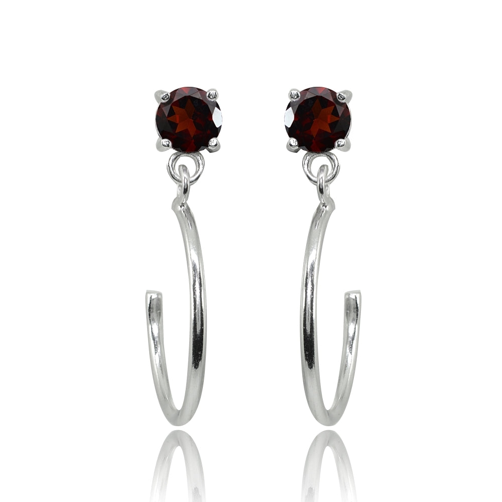 Sterling Silver 4mm Garnet Dangling Half Hoop Stud Earrings