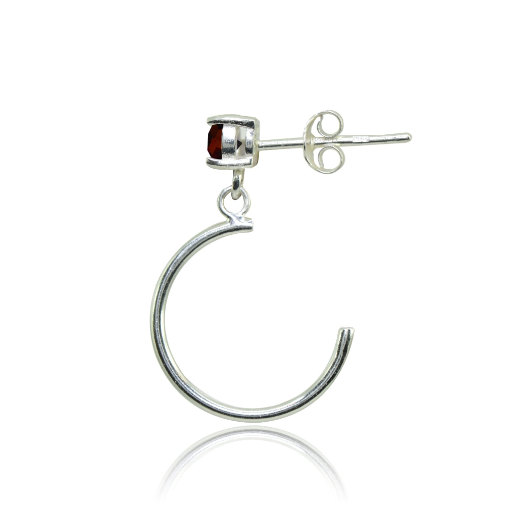 Sterling Silver 4mm Garnet Dangling Half Hoop Stud Earrings-2