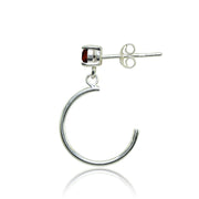 Sterling Silver 4mm Garnet Dangling Half Hoop Stud Earrings