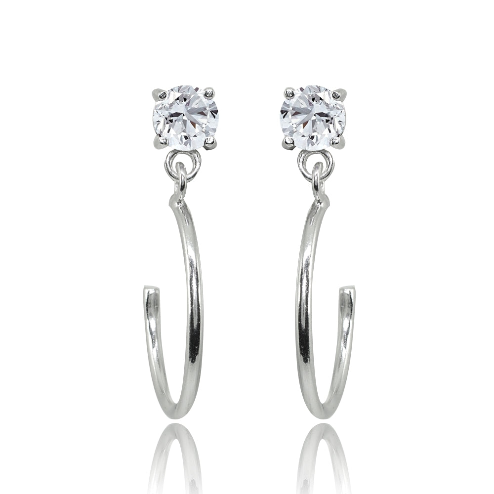 Sterling Silver 4mm Cubic Zirconia Dangling Half Hoop Stud Earrings