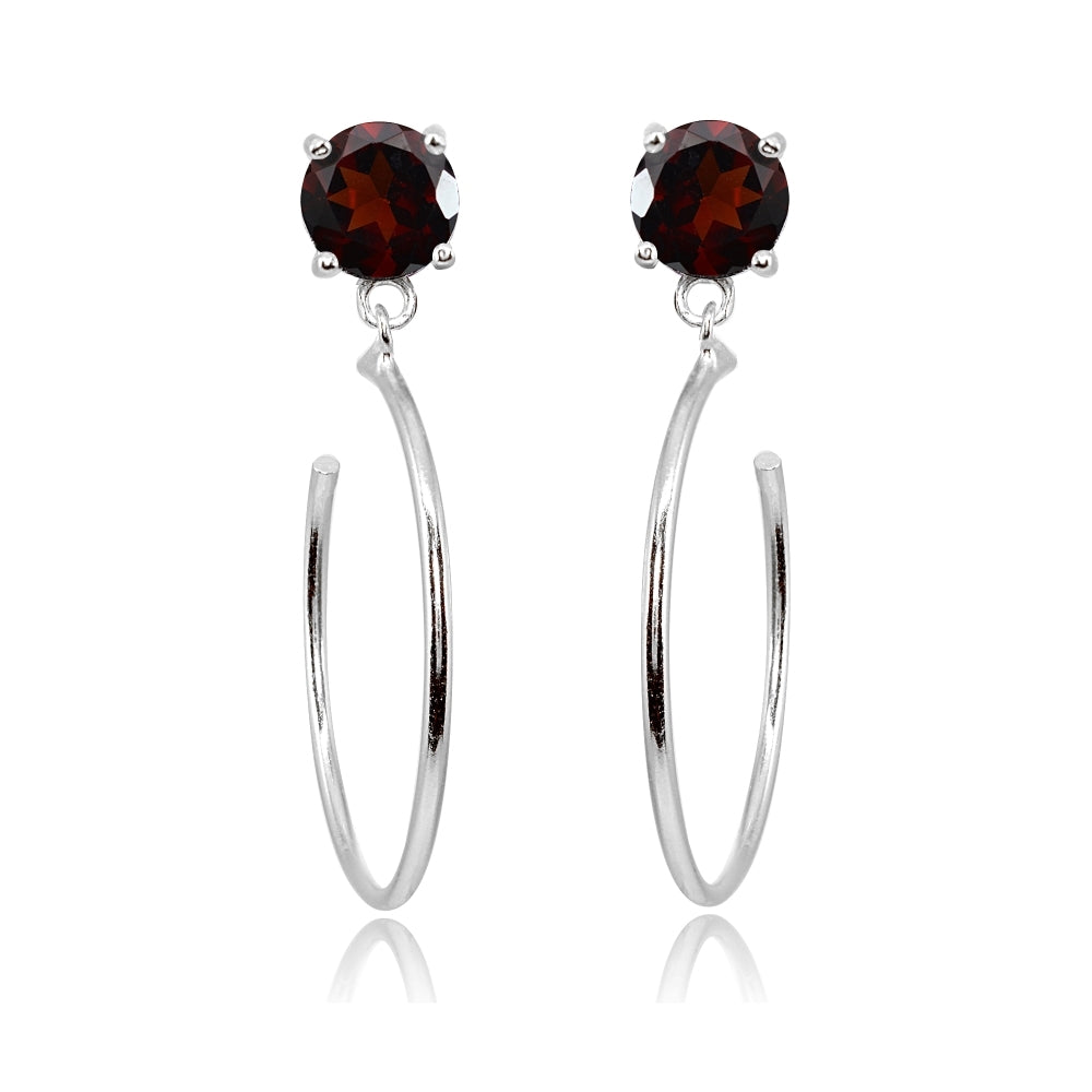 Sterling Silver 5mm Garnet Dangling Half Hoop Stud Earrings