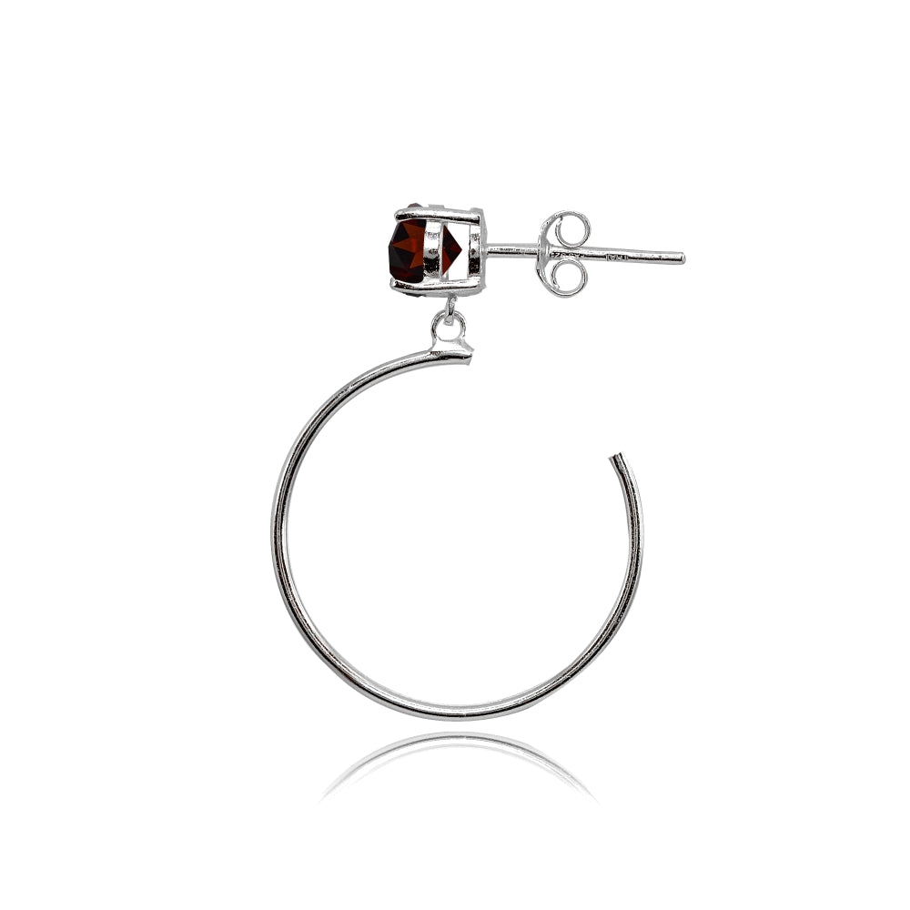 Sterling Silver 5mm Garnet Dangling Half Hoop Stud Earrings-2