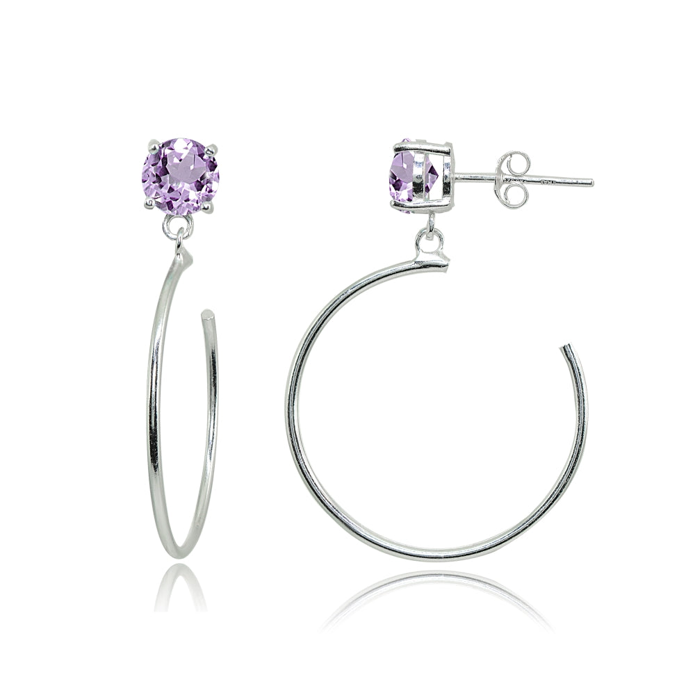 Sterling Silver 6mm Amethyst Dangling Half Hoop Stud Earrings