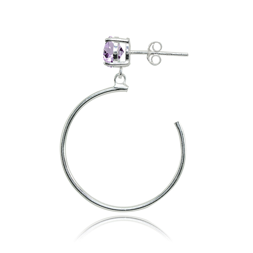 Sterling Silver 6mm Amethyst Dangling Half Hoop Stud Earrings-2