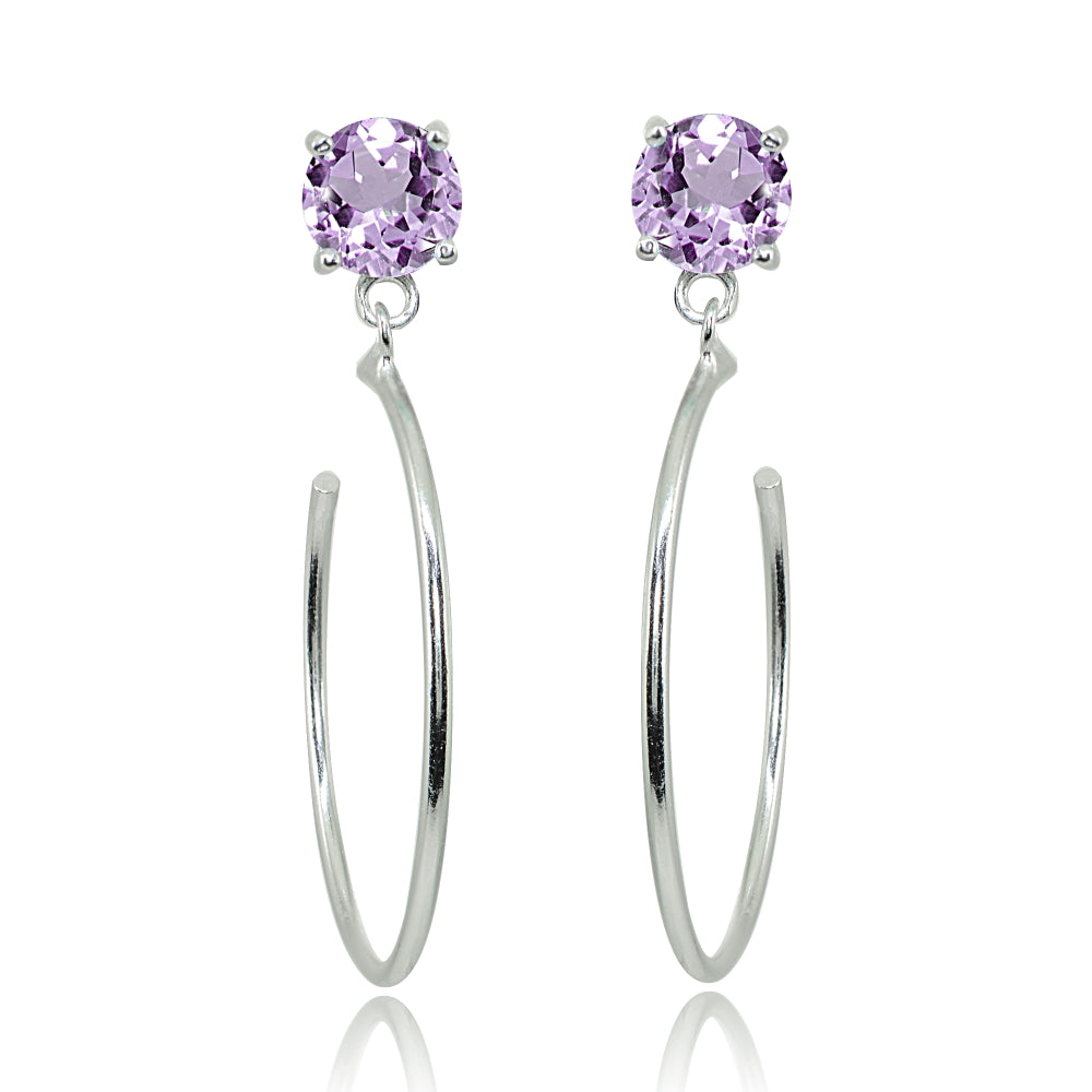 Sterling Silver 6mm Amethyst Dangling Half Hoop Stud Earrings-3