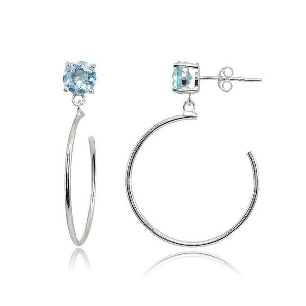 Sterling Silver 6mm Blue Topaz Dangling Half Hoop Stud Earrings