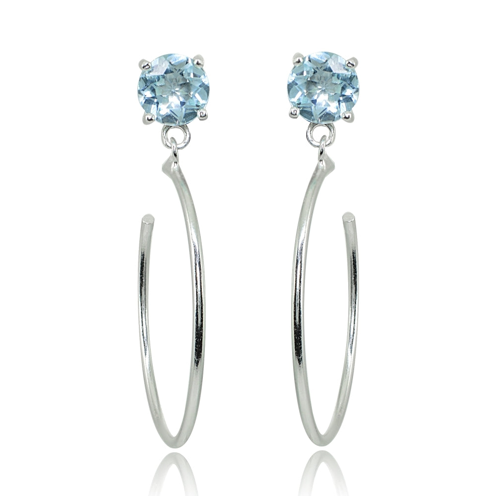 Sterling Silver 6mm Blue Topaz Dangling Half Hoop Stud Earrings-3