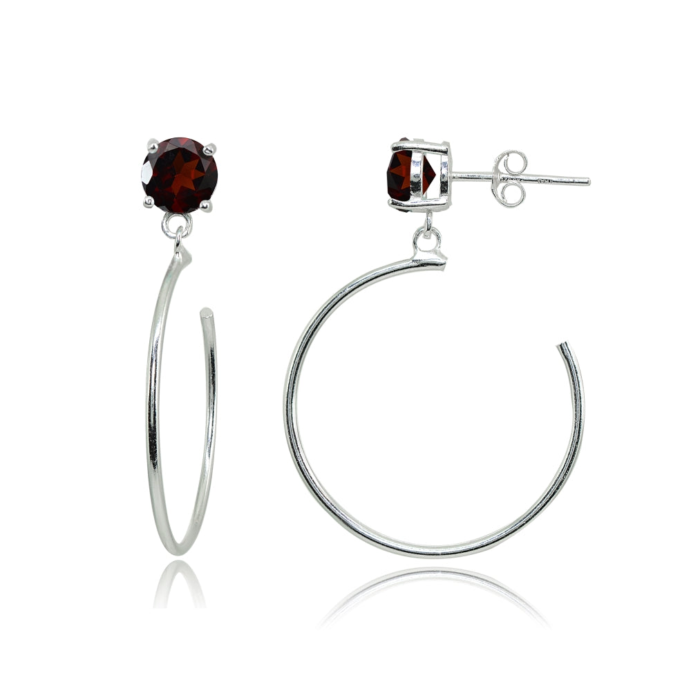 Sterling Silver 6mm Garnet Dangling Half Hoop Stud Earrings