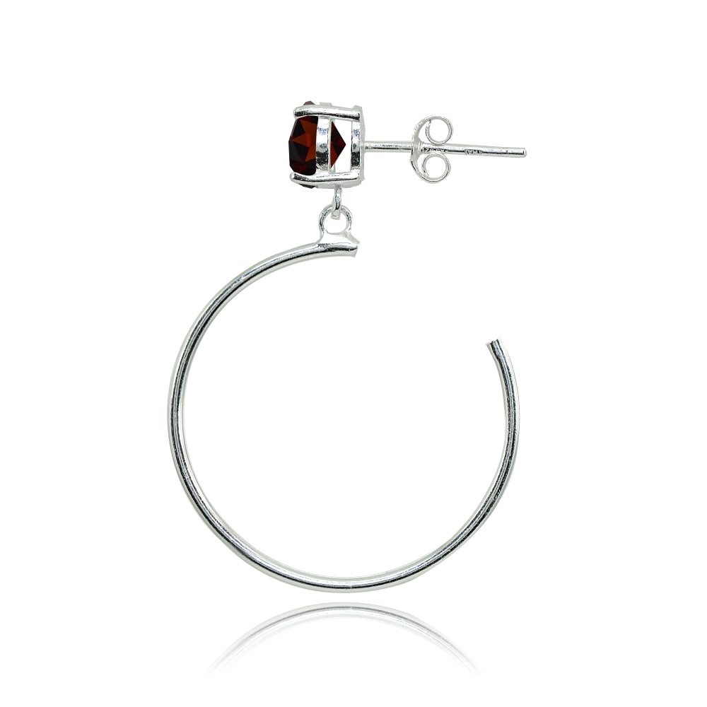 Sterling Silver 6mm Garnet Dangling Half Hoop Stud Earrings-2