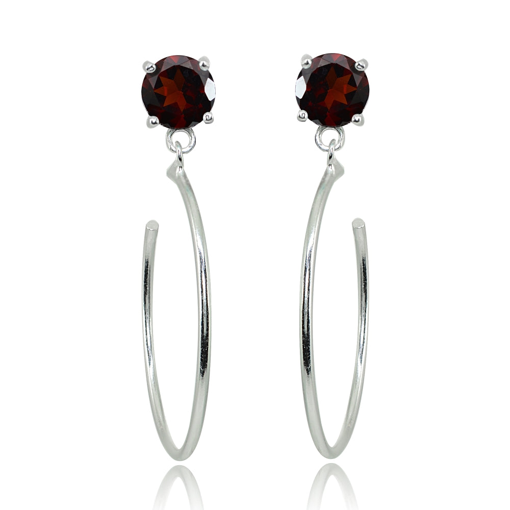 Sterling Silver 6mm Garnet Dangling Half Hoop Stud Earrings-3