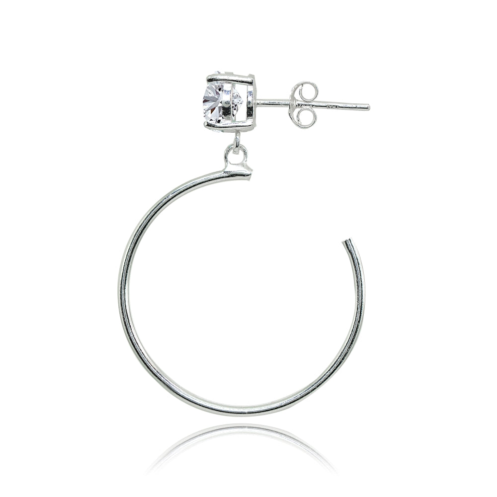 Sterling Silver 6mm Cubic Zirconia Dangling Half Hoop Stud Earrings-2
