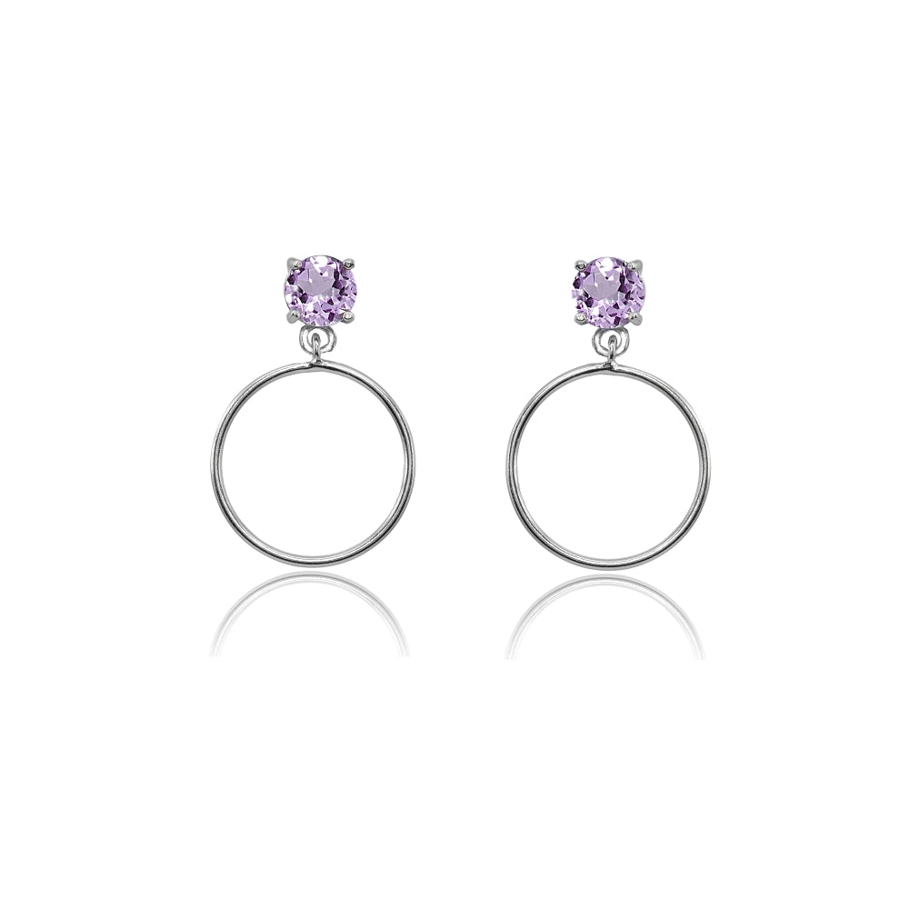 Sterling Silver 4mm Amethyst Dangling Round Hoop Stud Earrings
