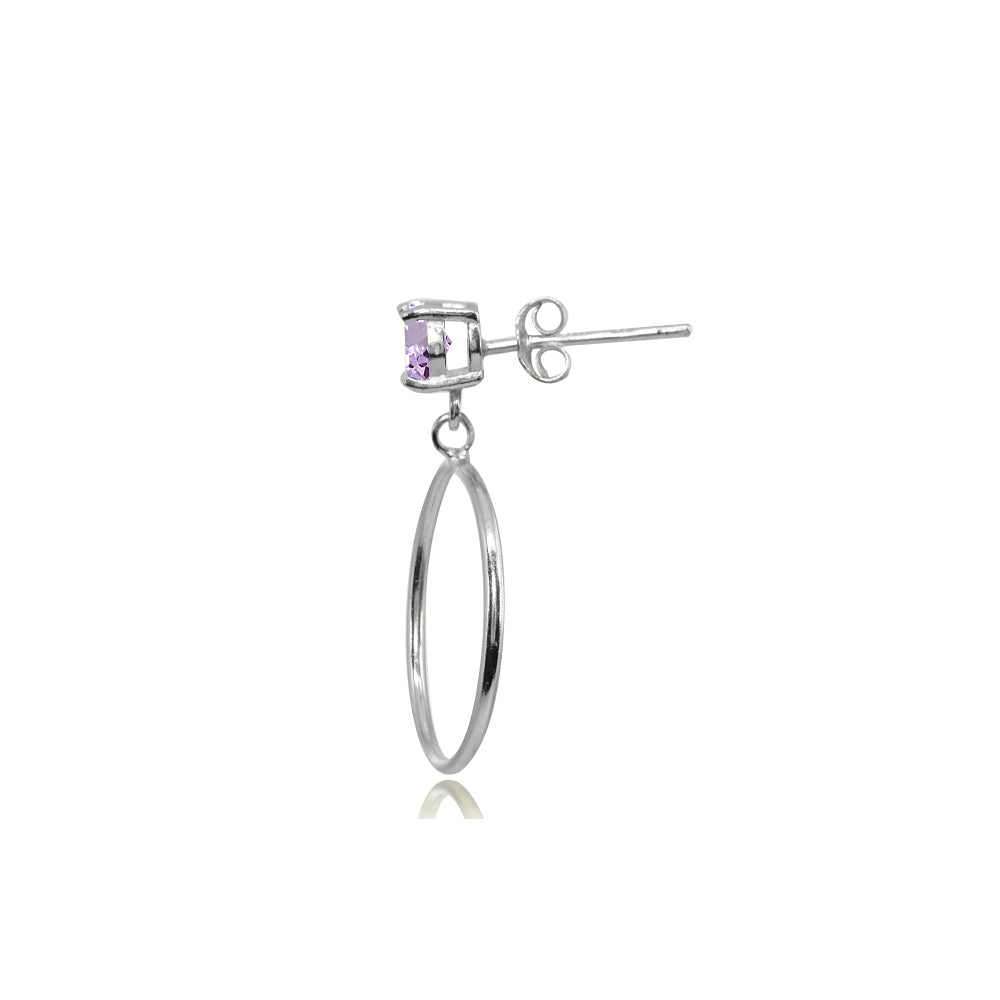 Sterling Silver 4mm Amethyst Dangling Round Hoop Stud Earrings-2