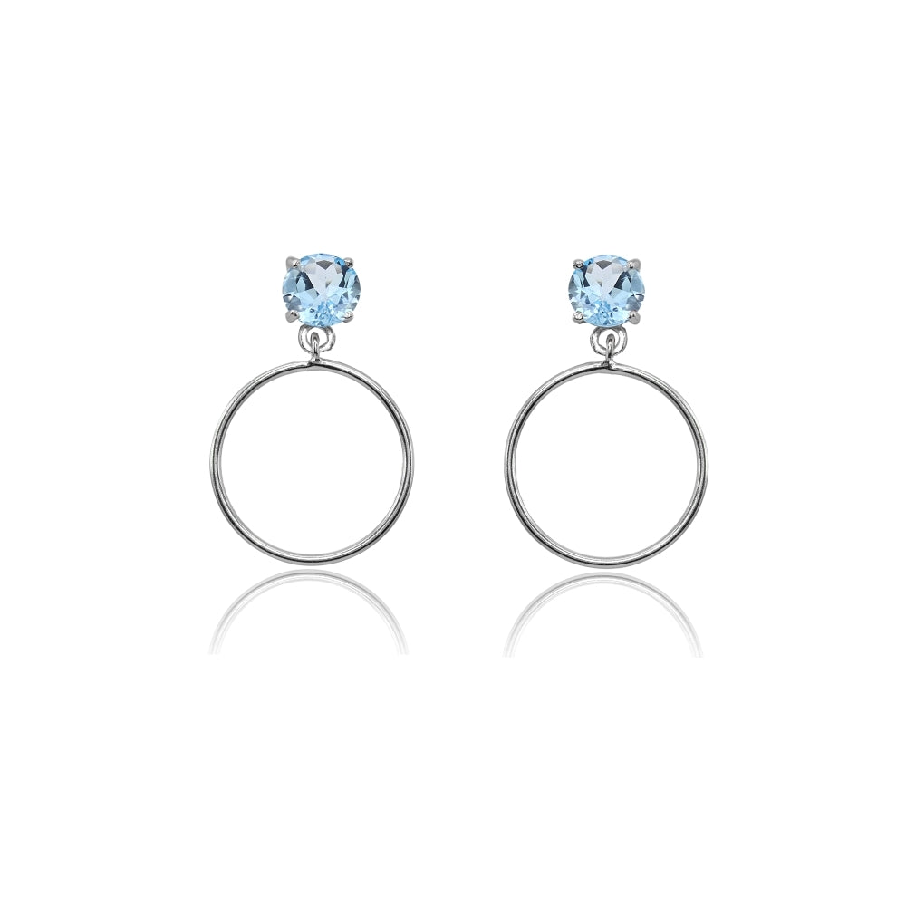 Sterling Silver 4mm Blue Topaz Dangling Round Hoop Stud Earrings