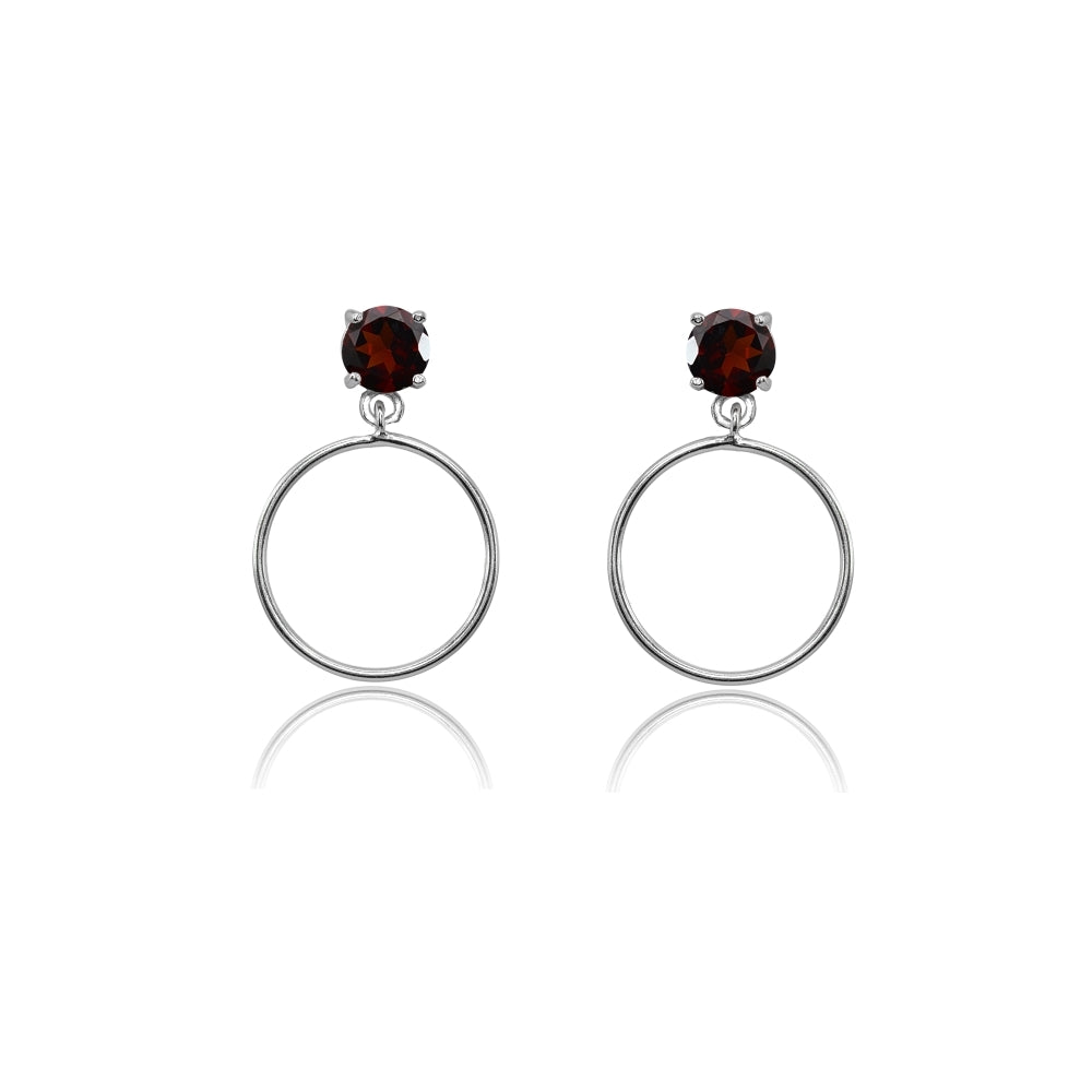 Sterling Silver 4mm Garnet Dangling Round Hoop Stud Earrings