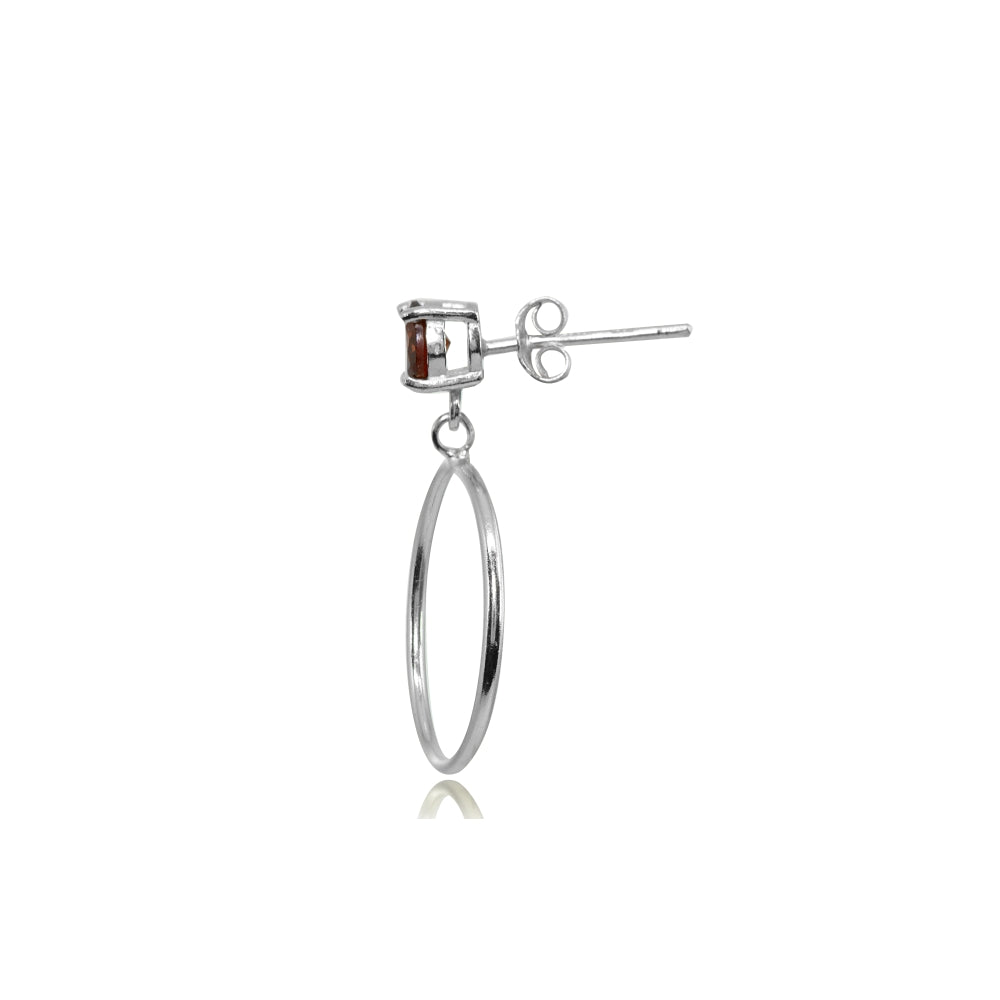 Sterling Silver 4mm Garnet Dangling Round Hoop Stud Earrings-2