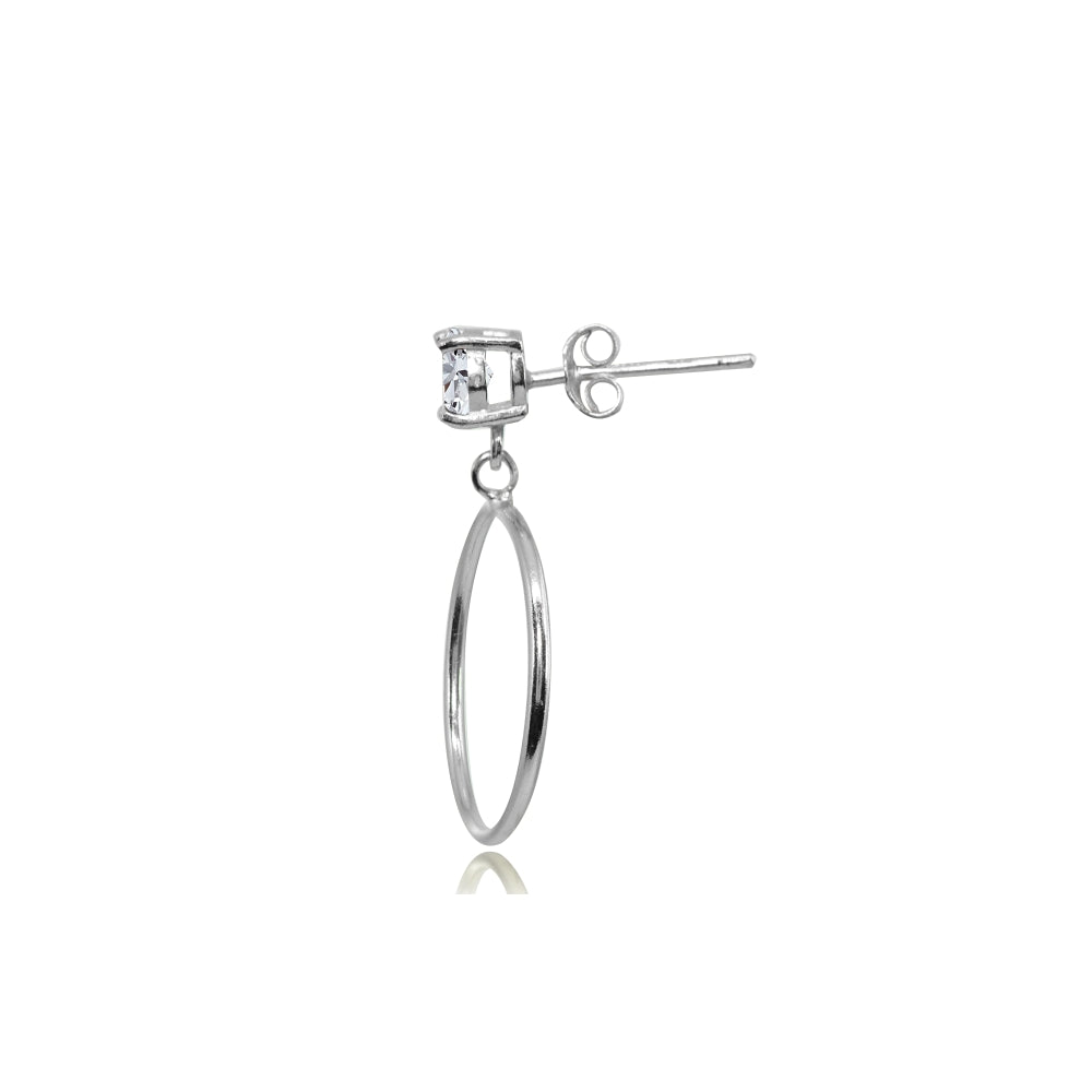 Sterling Silver 4mm Cubic Zirconia Dangling Round Hoop Stud Earrings-2