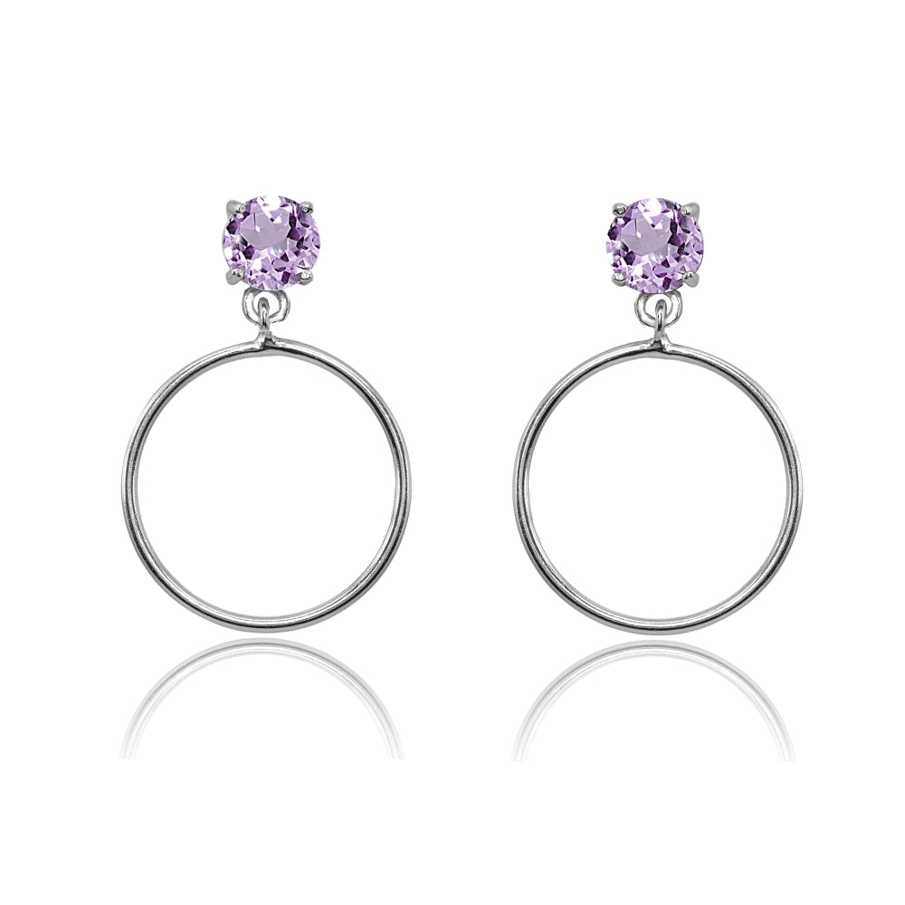 Sterling Silver 5mm Amethyst Dangling Round Hoop Stud Earrings