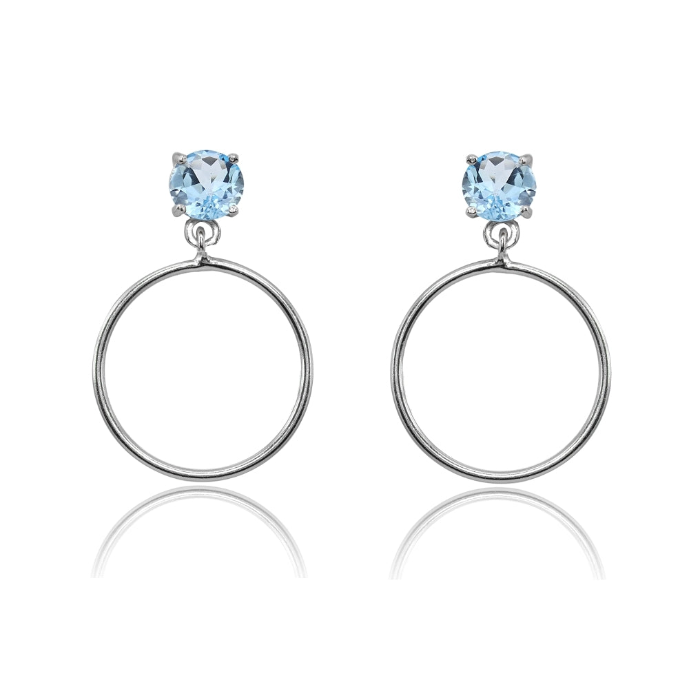 Sterling Silver 5mm Blue Topaz Dangling Round Hoop Stud Earrings