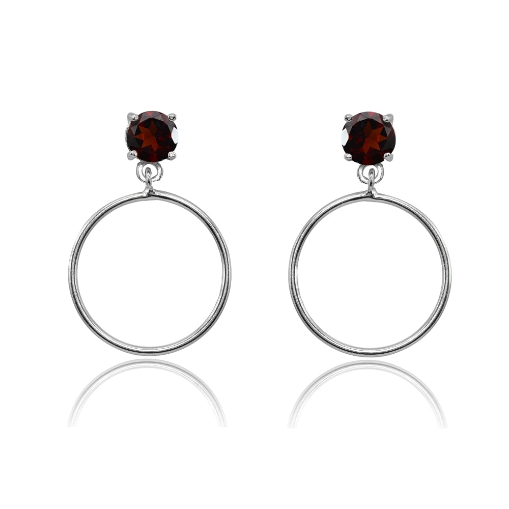 Sterling Silver 5mm Garnet Dangling Round Hoop Stud Earrings