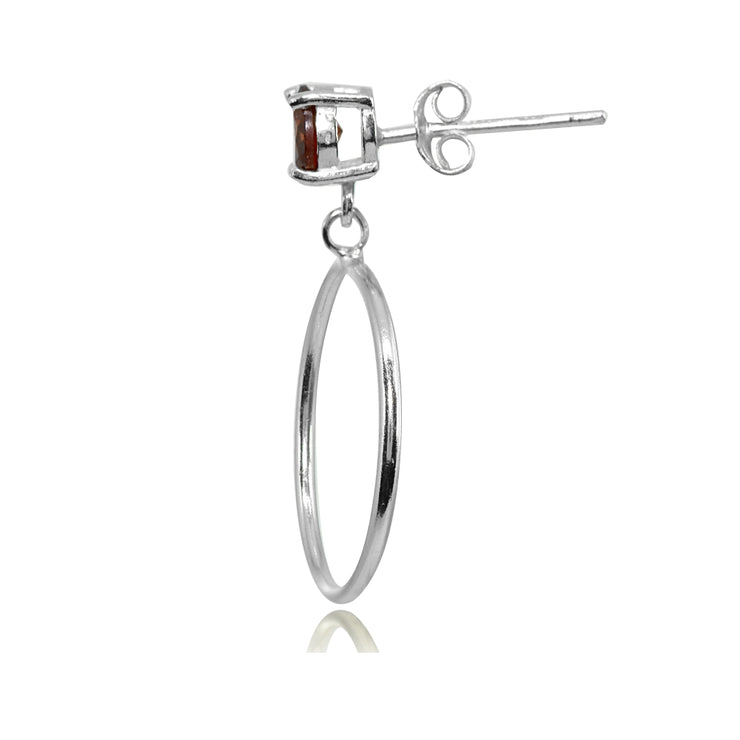 Sterling Silver 5mm Garnet Dangling Round Hoop Stud Earrings