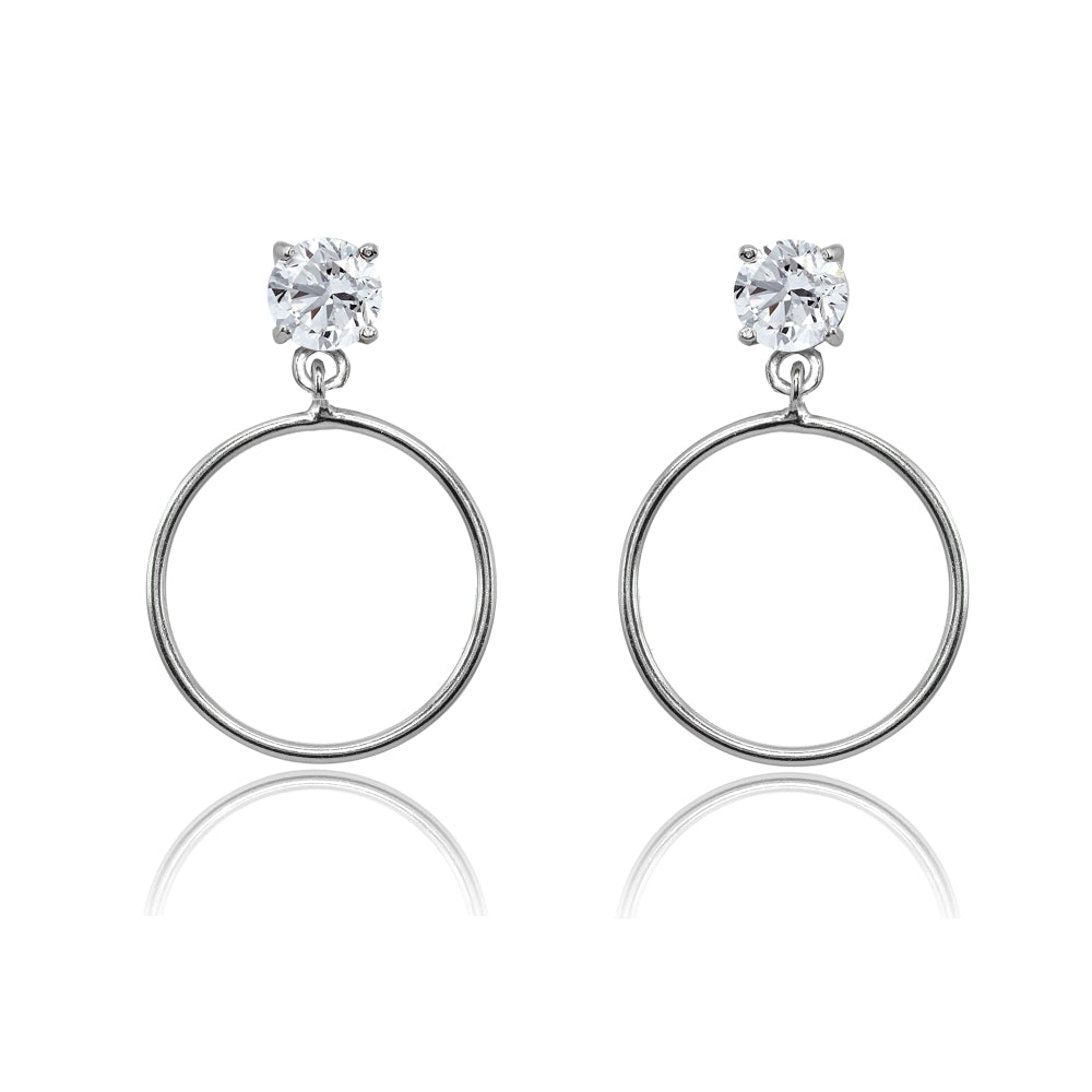 Sterling Silver 5mm Cubic Zirconia Dangling Round Hoop Stud Earrings