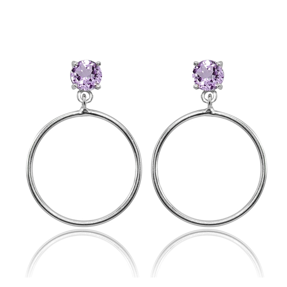 Sterling Silver 6mm Amethyst Dangling Round Hoop Stud Earrings