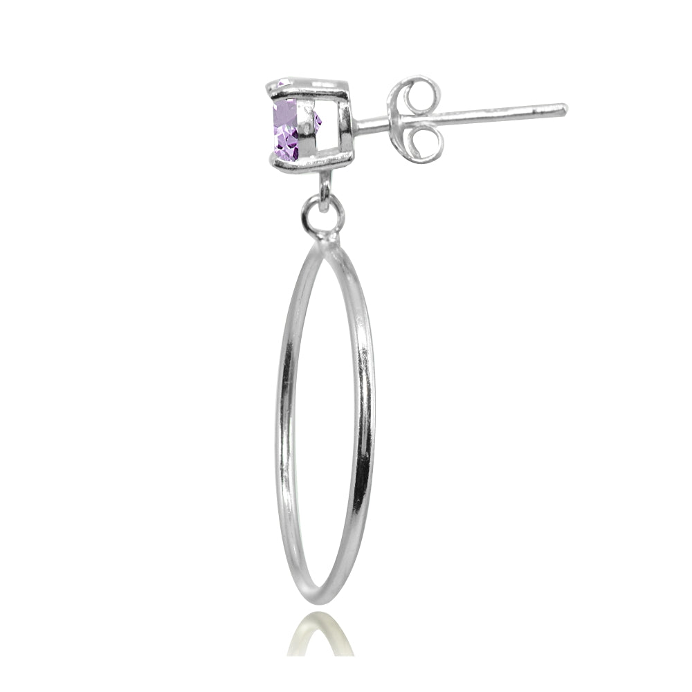Sterling Silver 6mm Amethyst Dangling Round Hoop Stud Earrings-2
