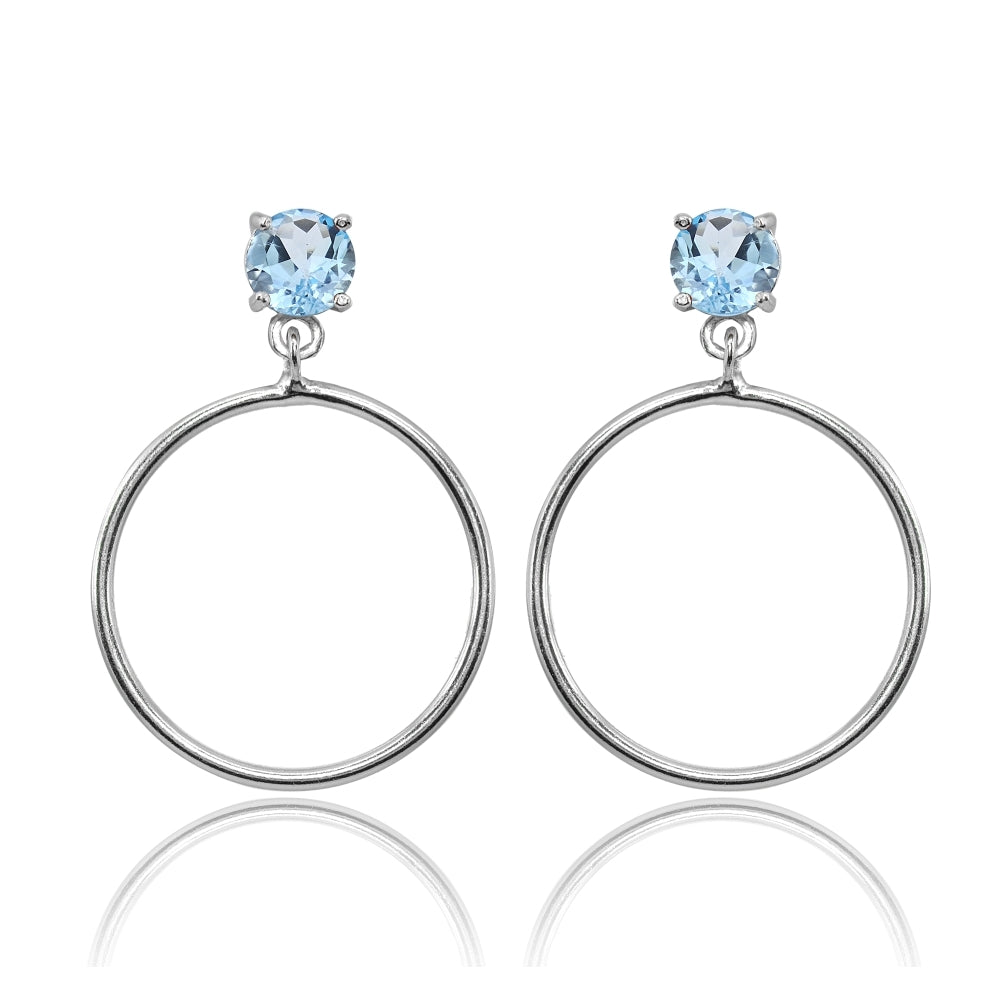 Sterling Silver 6mm Blue Topaz Dangling Round Hoop Stud Earrings