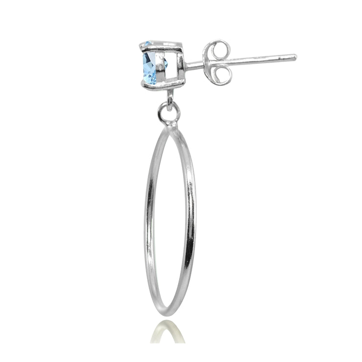 Sterling Silver 6mm Blue Topaz Dangling Round Hoop Stud Earrings