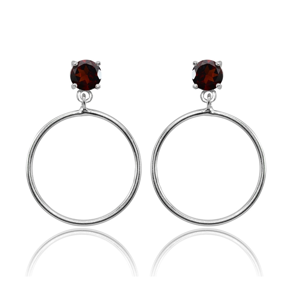 Sterling Silver 6mm Garnet Dangling Round Hoop Stud Earrings