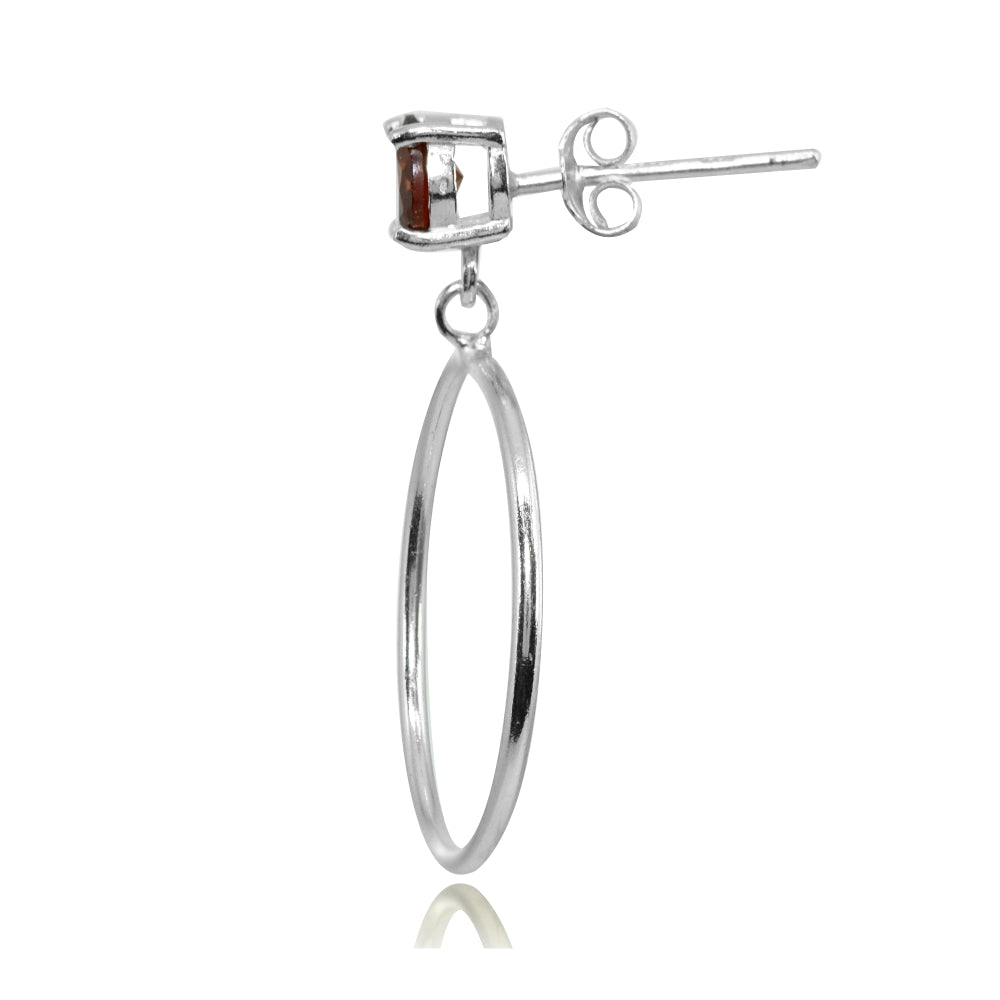 Sterling Silver 6mm Garnet Dangling Round Hoop Stud Earrings-2