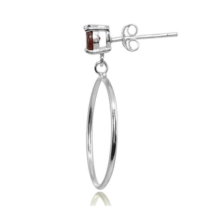 Sterling Silver 6mm Garnet Dangling Round Hoop Stud Earrings