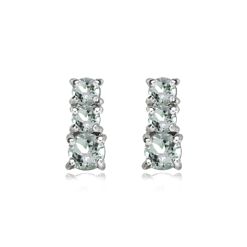 Sterling Silver Light Aquamarine Round Graduating Three Stone Stud Earrings