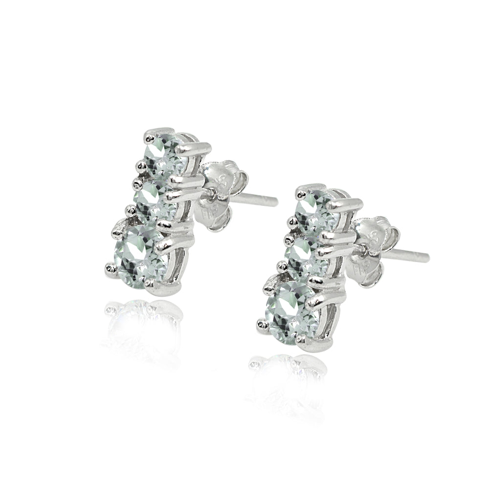 Sterling Silver Light Aquamarine Round Graduating Three Stone Stud Earrings-2