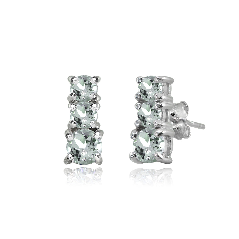 Sterling Silver Light Aquamarine Round Graduating Three Stone Stud Earrings-3