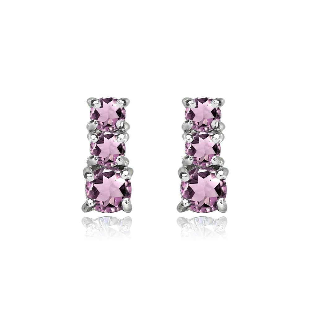 Sterling Silver Created Alexandrite Round Graduating Three Stone Stud Earrings