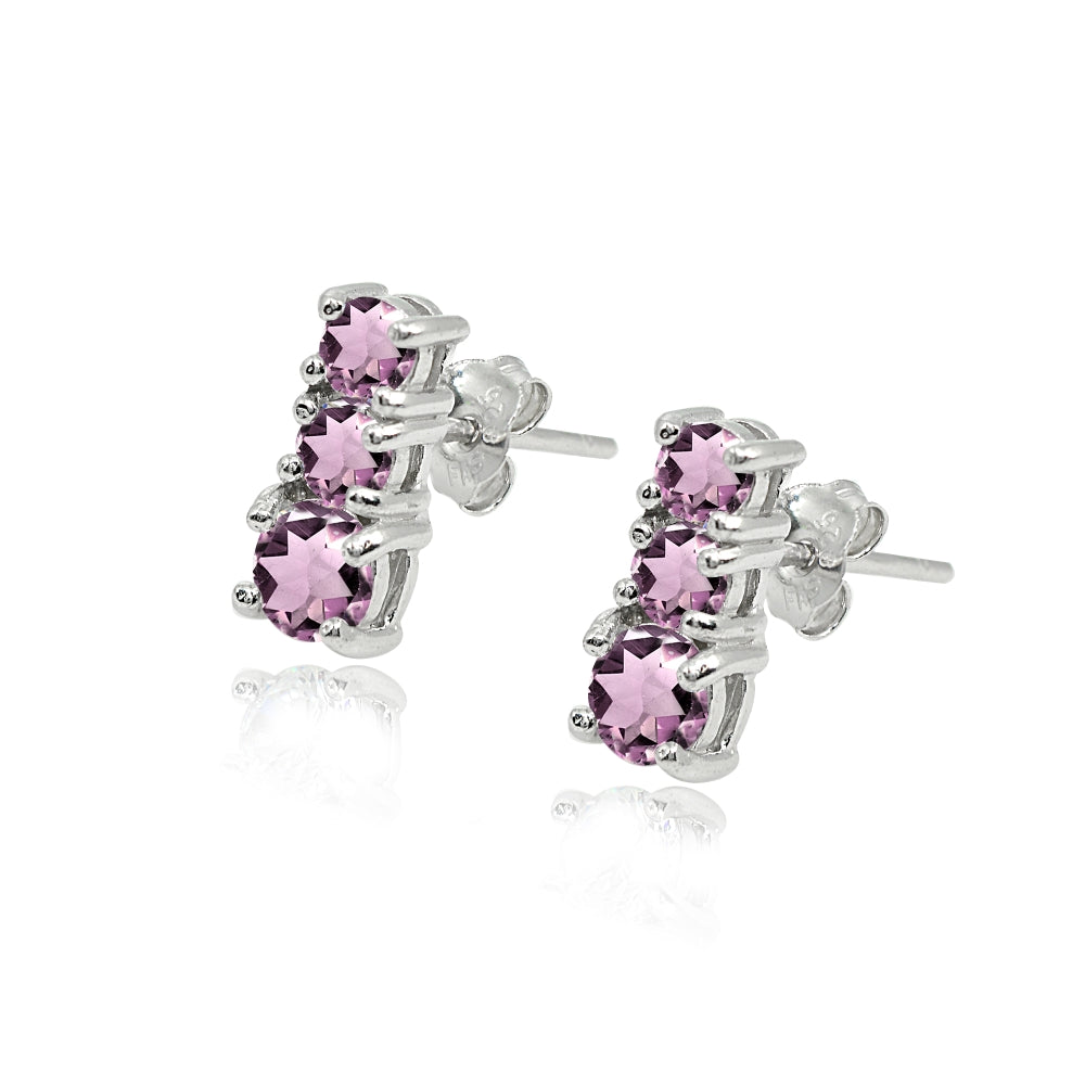 Sterling Silver Created Alexandrite Round Graduating Three Stone Stud Earrings-2
