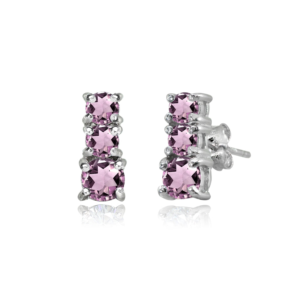 Sterling Silver Created Alexandrite Round Graduating Three Stone Stud Earrings-3
