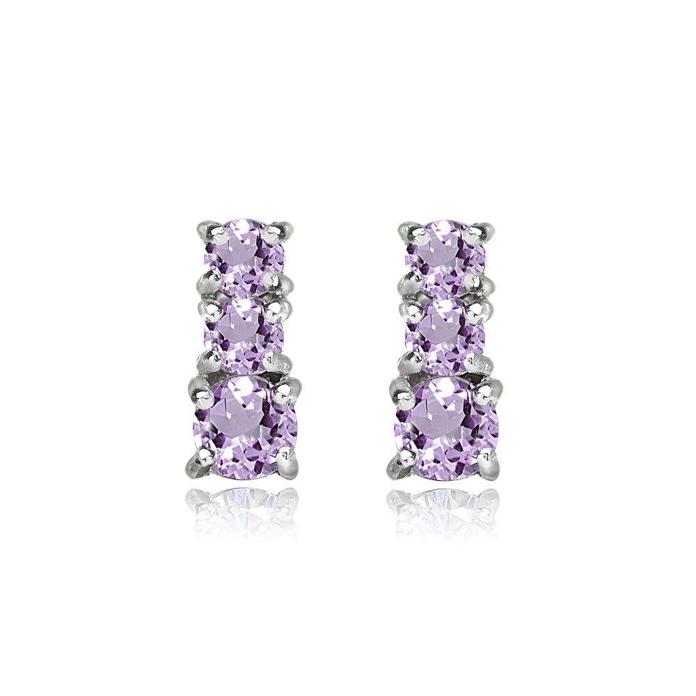 Sterling Silver Amethyst Round Graduating Three Stone Stud Earrings