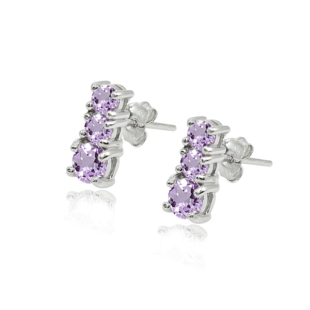 Sterling Silver Amethyst Round Graduating Three Stone Stud Earrings-2