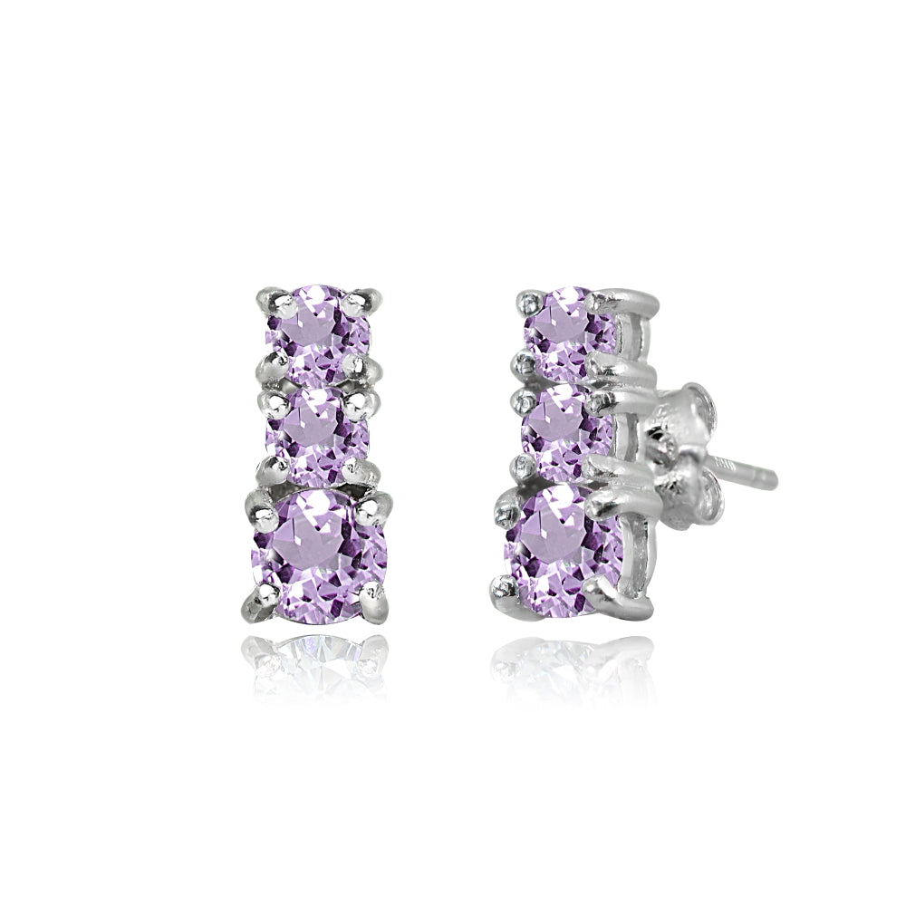 Sterling Silver Amethyst Round Graduating Three Stone Stud Earrings-3