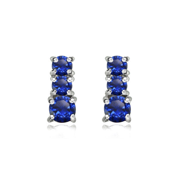 Sterling Silver Created Blue Sapphire Round Graduating Three Stone Stud Earrings