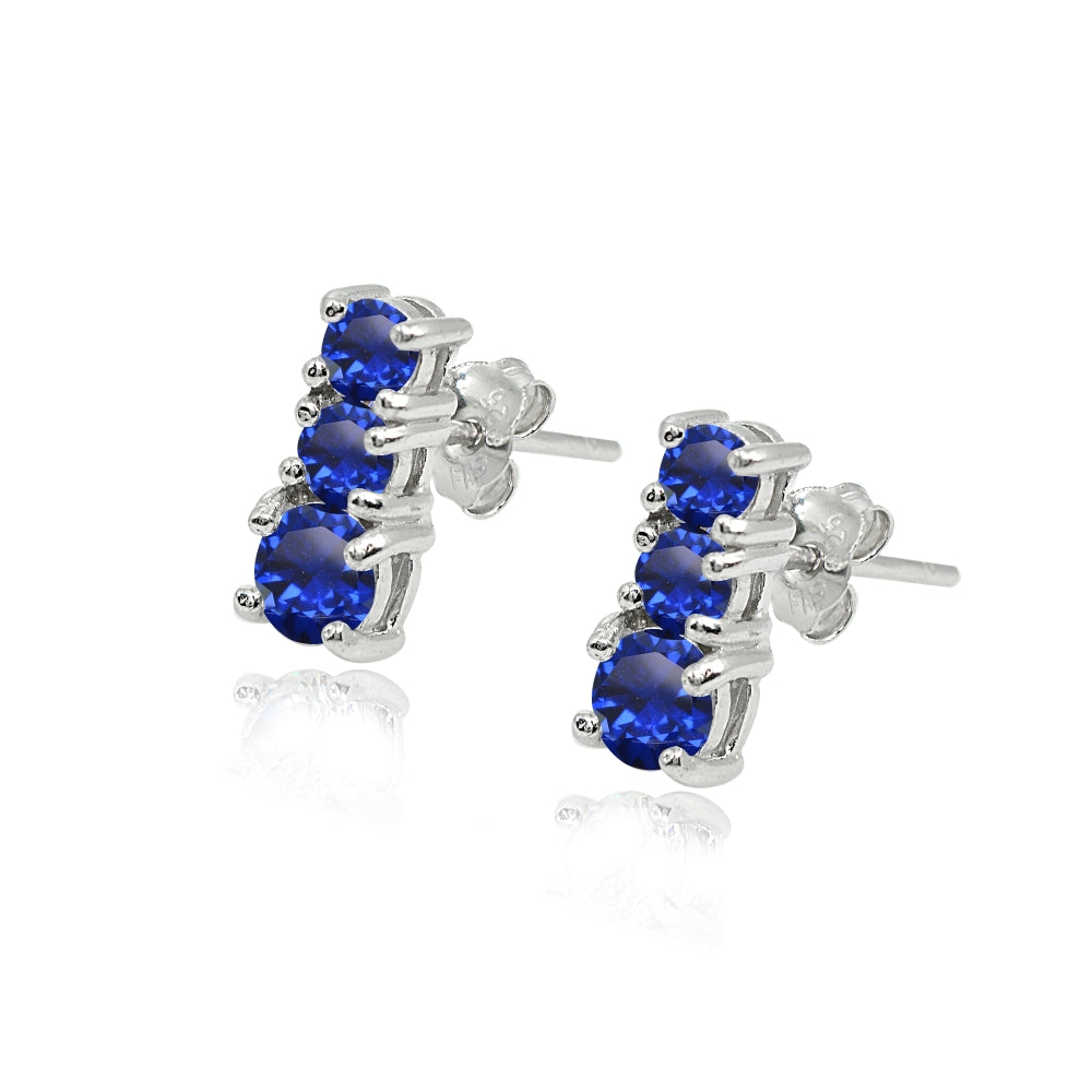 Sterling Silver Created Blue Sapphire Round Graduating Three Stone Stud Earrings-2