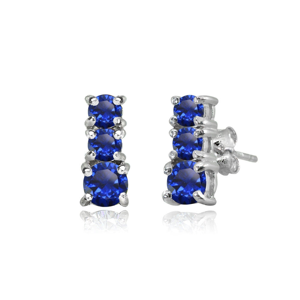 Sterling Silver Created Blue Sapphire Round Graduating Three Stone Stud Earrings-3